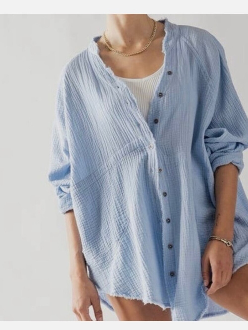 Light Blue Gauze Button-Front Oversized Shirt